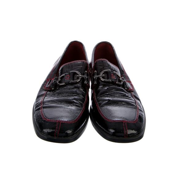 Donald Pliner Horsebit Black Loafers Men’s Patent Leather Red Topstitch Sz 8D - Picture 2 of 6